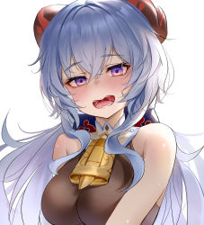 Rule 34 | absurdres, bare shoulders, bell, blue hair, blush, bow, breasts, detached sleeves, di qi gang guang, ganyu (genshin impact), genshin impact, highres, horns, long hair, looking at viewer, medium breasts, neck bell, open mouth, purple eyes, saliva, sidelocks, solo, upper body, waking up, white background, white sleeves, yawning