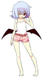 Rule 34 | 1girl, ;d, bare legs, bare shoulders, barefoot, blue hair, casual, collarbone, contemporary, contrapposto, female focus, holding, low wings, one eye closed, open mouth, red eyes, remilia scarlet, shamo (koumakantv), short hair, short shorts, shorts, simple background, skirt, smile, solo, standing, tank top, touhou, white background, wings, wink