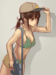 1girl adjusting_clothes adjusting_headwear bad_id bad_pixiv_id baseball_cap bikini black_eyes black_hair breasts brown_hair cleavage female_focus furukawa_herzer green_bikini gun hat highres long_hair machine_gun military navel original peaked_cap ponytail short_shorts shorts solo swimsuit trigger_discipline weapon