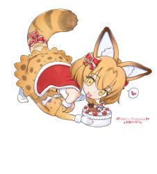 Rule 34 | 10s, all fours, animal ears, bell, blush, bow, cake, closed mouth, common raccoon (kemono friends), food, gloves, hair bow, heart, kemono friends, looking at viewer, merry christmas, orange eyes, orange hair, orange skirt, red bow, serval (kemono friends), serval tail, skirt, smile, speech bubble, spoken heart, tail, tail bow, tail ornament, tansan daisuki, tongue, tongue out, translation request, white gloves