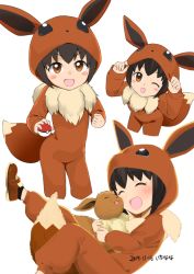 Rule 34 | 1girl, :d, bad id, bad twitter id, black hair, blush, brown eyes, brown footwear, child, closed eyes, commentary request, cosplay, creatures (company), cropped legs, dated, eevee, eevee (cosplay), fake tail, fur trim, game freak, gen 1 pokemon, kigurumi, looking at viewer, mokyutan, multiple views, nintendo, one eye closed, open mouth, poke ball, poke ball (basic), poke kid (pokemon), pokemon, pokemon swsh, pokemon tail, short hair, simple background, smile, tail, white background