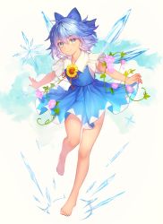 Rule 34 | 1girl, bad id, bad pixiv id, barefoot, blue bow, blue dress, blue eyes, blue hair, bow, cirno, closed mouth, dress, feet, flower, full body, hair bow, highres, ice, ice wings, legs, looking at viewer, morning glory, outstretched arms, shiba 0, short hair, short sleeves, smile, solo, sunflower, tan, tanned cirno, touhou, wings