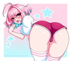 Rule 34 | 1girl, absurdres, ahoge, ass, bent over, blue hair, blush, buruma, cameltoe, come hither, fang, from behind, gradient hair, highres, idolmaster, leaning, leaning forward, looking at viewer, looking back, multicolored hair, naughty face, pink eyes, pink hair, rumblyf, shiny skin, shirt, short hair, smile, solo, thighhighs, yumemi riamu