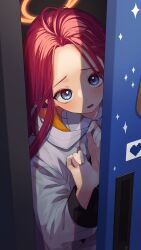 Rule 34 | 1girl, blue archive, blush, forehead, halo, highres, in locker, jacket, kagari viii, looking at viewer, red eyes, solo, white jacket, yuzu (blue archive)