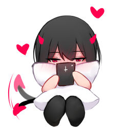 Rule 34 | 1girl, black legwear, blush, cellphone, chibi, cross, demon girl, demon horns, demon tail, full-face blush, heart, highres, holding, holding phone, holding pillow, horns, implied yuri, inverted cross, knees up, looking at phone, original, phone, pillow, red eyes, shimmer, sitting, solo, tail, tail wagging