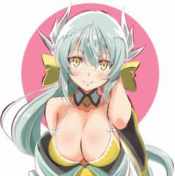 Rule 34 | 1girl, aqua hair, bad id, bad pixiv id, bare shoulders, bikini, bow, breasts, cleavage, closed mouth, detached collar, dragon horns, fate/grand order, fate (series), hair between eyes, hair bow, highres, horns, japanese clothes, kimono, kiyohime (fate), kiyohime (fate/grand order), kiyohime (swimsuit lancer) (fate), kiyohime (swimsuit lancer) (first ascension) (fate), large breasts, long hair, looking at viewer, medium breasts, ngv3553, smile, solo, swimsuit, upper body, white horns, yellow bikini, yellow bow, yellow eyes