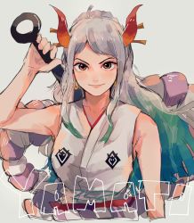 Rule 34 | 1girl, ahoge, arm at side, arm up, armpits, bare arms, bare shoulders, character name, closed mouth, club, club (weapon), commentary request, cropped torso, curled horns, earrings, green hair, grey hair, hair ornament, hair stick, highres, holding, holding weapon, hoop earrings, horns, japanese clothes, jewelry, kanabou, kataginu, looking at viewer, mimo (mrc0504), multicolored hair, multicolored horns, one piece, oni, orange eyes, orange horns, parted bangs, red horns, rope, shimenawa, sketch, smile, solo, two-tone hair, upper body, weapon, weapon on back, yamato (one piece)