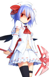 Rule 34 | 1girl, adapted costume, alternate costume, ascot, bat wings, black thighhighs, blue hair, capelet, frilled skirt, frills, hat, hat ribbon, kazeharu, looking at viewer, midriff, navel, open clothes, open shirt, polearm, red eyes, remilia scarlet, ribbon, shirt, short hair, simple background, skirt, solo, spear, spear the gungnir, thighhighs, touhou, weapon, white background, wings, zettai ryouiki