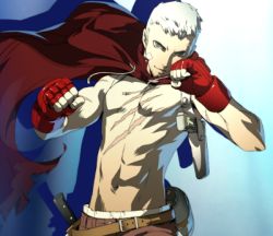 Rule 34 | 1boy, atlus, bandaid, cape, evoker, fighting stance, fingerless gloves, gloves, holster, knife, lowres, male focus, official art, persona, persona 3, persona 4: the ultimate in mayonaka arena, sanada akihiko, scar, topless male, short hair, soejima shigenori, solo, white hair