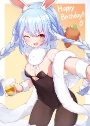 Rule 34 | 1girl, animal ear fluff, animal ears, arm up, bare shoulders, black leotard, black pantyhose, blue hair, braid, breasts, carrot, cleavage, covered navel, cup, don-chan (usada pekora), drinking glass, food-themed hair ornament, fur scarf, hair ornament, happy birthday, highres, hololive, leotard, long hair, mou tama maru, multicolored hair, one eye closed, open mouth, orange background, outstretched arm, pantyhose, playboy bunny, rabbit ears, rabbit girl, rabbit tail, red eyes, scarf, simple background, small breasts, smile, solo, strapless, strapless leotard, tail, twin braids, twintails, two-tone hair, usada pekora, usada pekora (1st costume), virtual youtuber, white hair, white scarf, wrist cuffs
