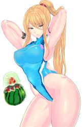 Rule 34 | 1girl, 1other, adapted costume, armpits, arms behind head, blonde hair, blue eyes, blue one-piece swimsuit, breasts, competition swimsuit, covered collarbone, cowboy shot, eating, food, from side, fruit, hair between eyes, half-closed eyes, halterneck, high ponytail, highleg, highleg swimsuit, large breasts, long hair, metroid, metroid (creature), nintendo, one-piece swimsuit, panzer (p.z), parted bangs, ponytail, samus aran, simple background, skin tight, skindentation, standing, swimsuit, thighs, turtleneck, watermelon, white background, wide hips, wristband