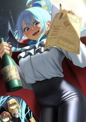 3girls alternate_costume aqua_(konosuba) black_cloak black_pants blue_eyes blue_hair blush bottle cecily_(konosuba) character_request cloak commentary_request crazy_eyes fangs fingernails habit high-waist_pants highres holding holding_bottle holding_paper inset izawa_(bhive003) kono_subarashii_sekai_ni_shukufuku_wo! looking_at_viewer moon multiple_girls nail_polish nun pants paper shirt single_hair_ring star_(sky) traditional_nun translation_request two-sided_cloak two-sided_fabric vampire_costume white_shirt wine_bottle