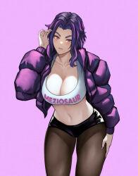 Rule 34 | 1girl, artist name, black shorts, boku no hero academia, breasts, brown pantyhose, cleavage, commentary, cowboy shot, crop top, female focus, forehead, jacket, lady nagant, large breasts, long hair, long sleeves, looking at viewer, matching hair/eyes, meziosaur, midriff, multicolored hair, navel, open clothes, open jacket, pantyhose, pink hair, purple background, purple eyes, purple hair, purple jacket, shirt, short shorts, shorts, simple background, solo, standing, stomach, streaked hair, thighs, white shirt