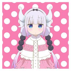 Rule 34 | 1girl, artsy-rc, black hairband, blue eyes, blunt bangs, blush, border, capelet, closed mouth, commentary, dragon horns, english commentary, expressionless, fur collar, gradient hair, hair bobbles, hair ornament, hairband, horns, jitome, kanna kamui, kobayashi-san chi no maidragon, looking at viewer, multicolored hair, official style, pink background, polka dot, polka dot background, purple hair, solo, twintails, white border, white capelet
