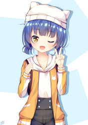 Rule 34 | 1girl, ;d, animal hat, animal print, backpack, bag, black pants, blue hair, blush, cat hat, collarbone, commentary request, fang, gochuumon wa usagi desu ka?, hat, head tilt, high-waist pants, high-waist shorts, holding, hood, hood down, hoodie, jacket, jouga maya, long sleeves, looking at viewer, low twintails, one eye closed, open clothes, open jacket, open mouth, pants, rabbit print, short hair, short twintails, shorts, simple background, smile, solo, twintails, v, white hat, white hoodie, win opz, yellow eyes, yellow jacket