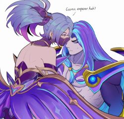 Rule 34 | 1boy, 1girl, akali, bare shoulders, blue hair, character request, check character, chest tattoo, closed mouth, collarbone, colored sclera, dress, from side, grey background, hair ornament, highres, kayn (league of legends), league of legends, long hair, looking at another, mask, mouth mask, muscular, muscular male, odyssey kayn, parasol x768, pink sclera, ponytail, purple dress, simple background, star (symbol), star guardian akali, tattoo