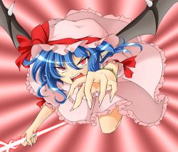 Rule 34 | 1girl, bad id, bad pixiv id, bat wings, blue hair, chain, colorized, fangs, female focus, hat, highres, pointy ears, polearm, red eyes, remilia scarlet, slit pupils, solo, spear, tennenmoe, touhou, weapon, wings