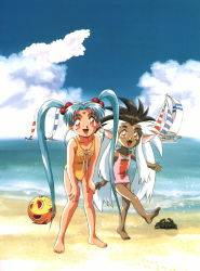 Rule 34 | 1990s (style), 2girls, ball, barefoot, beach, blue hair, casual one-piece swimsuit, cloud, crab, crustacean, day, facial mark, fang, forehead mark, freckles, hair bobbles, hair ornament, happy, highres, long hair, masaki sasami jurai, multiple girls, ocean, one-piece swimsuit, outdoors, personification, pointy ears, red eyes, retro artstyle, ryou-ouki, sand, scan, scan artifacts, spiked hair, swimsuit, tenchi muyou!, twintails, very long hair, yellow eyes