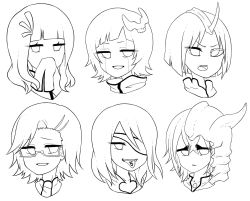 Rule 34 | arrancar, bleach, cyan sung-sun, emilou apacci, eyepatch, glasses, greyscale, highres, horns, luppi antenor, monochrome, nishiko (kagerou1230815), nnoitra gilga, number tattoo, open mouth, parted lips, simple background, single horn, smile, szayelaporro granz, tagme, tattoo, tongue, tongue out, ulquiorra cifer, white background