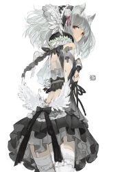 Rule 34 | 1girl, animal ears, black skirt, brown eyes, closed mouth, dated, feathered wings, frills, from behind, fur collar, garter straps, grey hair, headdress, long hair, looking at viewer, looking back, original, rayvon, sidelocks, simple background, skirt, solo, tareme, thighhighs, thighs, white background, white thighhighs, white wings, wings