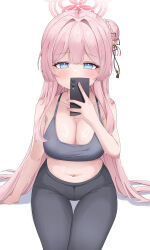 Rule 34 | 1girl, absurdres, black pants, blue archive, blue eyes, blush, bra, breasts, cellphone, cleavage, collarbone, commentary, grey bra, hair bun, halo, highres, holding, holding phone, korean commentary, large breasts, long hair, mimori (blue archive), navel, pants, phone, pink hair, pink halo, simple background, single side bun, sisong, smartphone, solo, underwear, white background