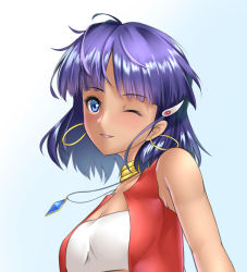 Rule 34 | 1girl, blue eyes, breasts, dark-skinned female, dark skin, earrings, fushigi no umi no nadia, hair ornament, hairclip, highres, jewelry, kamehito, looking at viewer, nadia la arwall, neck ring, necklace, one eye closed, open mouth, purple hair, red vest, short hair, simple background, smile, solo, strapless, tube top, vest