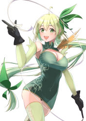 Rule 34 | 1girl, absurdres, ahoge, black gloves, black shirt, blush, breasts, china dress, chinese clothes, cleavage, clothing cutout, commentary request, detached sleeves, double-parted bangs, dress, gloves, green dress, green eyes, green hair, green sleeves, green thighhighs, hair between eyes, high collar, highres, impossible clothes, impossible dress, large breasts, long hair, looking at viewer, low ponytail, mel (wixoss), microdress, oekaki zombie, open mouth, shirt, short dress, solo, sweat, taut clothes, taut dress, thighhighs, very sweaty, wixoss, zettai ryouiki