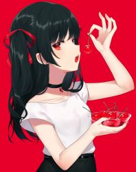 Rule 34 | 1girl, achiki, arm up, belt, black belt, black choker, black hair, black skirt, blush, bowl, breasts, cherry, choker, collarbone, earrings, fingernails, food, from side, fruit, hair over shoulder, hair ribbon, highres, holding, holding bowl, holding food, jewelry, long hair, looking at viewer, looking to the side, nail polish, one side up, open mouth, original, profile, red background, red eyes, red nails, red ribbon, ribbon, shirt, short sleeves, sidelocks, simple background, skirt, small breasts, solo, standing, teeth, two side up, upper body, upper teeth only, white shirt