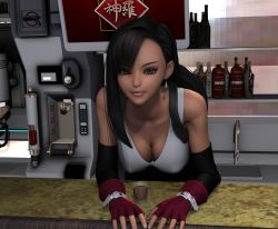 Rule 34 | 1990s (style), 1girl, 3d, alcohol, bar (place), black hair, breasts, brown eyes, cleavage, earrings, final fantasy, final fantasy vii, fingerless gloves, gloves, highres, jewelry, leaning forward, retro artstyle, solo, tank top, tifa lockhart, zafo