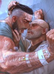 Rule 34 | 2boys, arm hair, atomic heart, bald, bara, black hair, blood, blood on face, blue shirt, brown sweater, char-les (atomic heart), facial hair, fukurau, glasses, grabbing another&#039;s hair, highres, lab coat, looking at another, male focus, multiple boys, muscular, muscular male, open clothes, open mouth, p-3 (atomic heart), saliva, shirt, short hair, sweater, tongue, tongue out, yaoi