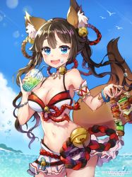 Rule 34 | 1girl, animal ears, armband, bad id, bad pixiv id, bare shoulders, bead bracelet, beads, bell, bikini, bikini skirt, bird, blue eyes, blush, bracelet, breasts, brown hair, bubble, cleavage, collar, commentary, cup, day, drinking straw, fang, food, food on face, fox ears, fox girl, fox tail, hair bell, hair ornament, holding, holding cup, holding food, jewelry, jingle bell, large breasts, lerome, long hair, looking at viewer, neck bell, necklace, ocean, open mouth, original, outdoors, rope, seagull, seashell bracelet, shell, shell necklace, shimenawa, skirt, sky, smile, solo, standing, stomach, summer, swimsuit, tail, twintails, water, wet, white skirt, yakitori