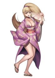 Rule 34 | bare legs, blonde hair, breasts, brown eyes, cinko, commission, danganronpa (series), danganronpa 2: goodbye despair, floral print, hand fan, highres, holding, holding fan, japanese clothes, kimono, large breasts, long sleeves, looking at viewer, obi, open clothes, open kimono, pink kimono, ponytail, saionji hiyoko, sandals, sash