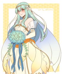 Rule 34 | 1girl, adricarra, bare shoulders, blue hair, bouquet, bridal veil, bride, cape, dress, elbow gloves, fire emblem, fire emblem: the blazing blade, fire emblem heroes, flower, gloves, hair flower, hair ornament, highres, jewelry, long hair, looking at viewer, ninian, nintendo, red eyes, rose, smile, solo, strapless, strapless dress, veil, wedding dress, white dress