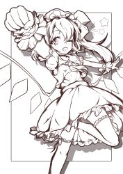 Rule 34 | 1girl, absurdres, ascot, el genso, feet out of frame, flandre scarlet, frilled shirt collar, frilled skirt, frilled thighhighs, frills, greyscale, hat, highres, lineart, long hair, mob cap, monochrome, one eye closed, one side up, puffy short sleeves, puffy sleeves, ribbon-trimmed sleeves, ribbon-trimmed thighhighs, ribbon trim, shirt, short sleeves, skirt, solo, thighhighs, touhou, vest, wings, wrist cuffs