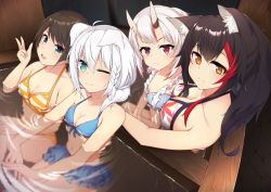 Rule 34 | 4girls, animal ear fluff, animal ears, bath, bathing, bikini, bikini skirt, black hair, braid, breasts, brown hair, cleavage, commentary, earrings, fams (group), fox ears, fox girl, green eyes, hair between eyes, highres, hololive, horns, indoors, jewelry, long hair, looking at viewer, medium breasts, multicolored hair, multiple girls, nakiri ayame, nakiri ayame (hololive summer 2019), navel, ofuro, one eye closed, ookami mio, ookami mio (hololive summer 2019), oozora subaru, oozora subaru (hololive summer 2019), otaku heishi, partially submerged, red eyes, red hair, shirakami fubuki, shirakami fubuki (hololive summer 2019), short hair, sidelocks, single braid, skin-covered horns, small breasts, swept bangs, swimsuit, symbol-only commentary, two-tone hair, virtual youtuber, white hair, wolf ears, wolf girl, yellow eyes
