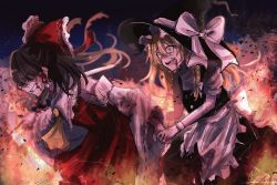Rule 34 | 2girls, annin cha, apron, arm grab, ascot, bad id, bad twitter id, black hair, blonde hair, bow, braid, bruise, bruise on face, clenched teeth, crying, crying with eyes open, detached sleeves, dress, fire, hair bow, hair tubes, hakurei reimu, hat, hat bow, highres, injury, japanese clothes, kirisame marisa, large bow, long hair, long skirt, miko, multiple girls, night, nontraditional miko, open mouth, short hair, side braid, single braid, skirt, skirt set, tearing up, tears, teeth, touhou, witch hat, yellow ascot, yellow eyes