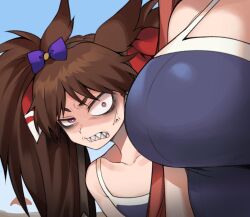 Rule 34 | 2girls, anger vein, angry, animal ears, bow, breast envy, bright pupils, brown hair, clenched teeth, collarbone, commentary, competition school swimsuit, daiwa scarlet (umamusume), dream journey (racehorse), ear bow, eyebrows hidden by hair, fukuro (maruaru00), furrowed brow, genderswap, genderswap (mtf), height difference, highres, horse ears, horse girl, long hair, multiple girls, original, personification, purple bow, purple eyes, school swimsuit, sharp teeth, sideways, swimsuit, teeth, twintails, umamusume, veins
