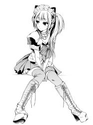 Rule 34 | 1girl, alternate costume, alternate hairstyle, angel beats!, animal ears, apron, between legs, black shirt, blunt bangs, boots, bow, breasts, cat ears, choker, cleavage, closed mouth, commentary request, cross-laced footwear, enmaided, expressionless, eyelashes, frilled choker, frilled sleeves, frills, full body, hand between legs, highres, jewelry, knees together feet apart, light blush, long hair, looking to the side, maid, maid apron, maid headdress, medium breasts, miniskirt, monochrome, necklace, pearl necklace, pleated skirt, shirt, short sleeves, side ponytail, simple background, skirt, solo, tazu, thighhighs, v arms, white background, yusa (angel beats!), zettai ryouiki