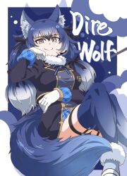 Rule 34 | 1girl, animal ears, blue hair, bow, bowtie, dire wolf (kemono friends), extra ears, garter straps, gloves, grey hair, highres, jacket, kemono friends, kemono friends v project, lipstick, long hair, looking at viewer, makeup, ribbon, shoes, simple background, skirt, solo, tail, thighhighs, twintails, virtual youtuber, wolf ears, wolf girl, wolf tail, yamaguchi yoshimi