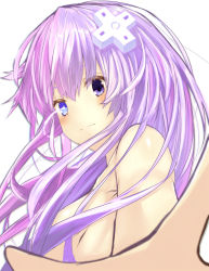 Rule 34 | 1girl, absurdres, blue eyes, blush, breasts, d-pad, d-pad hair ornament, from side, hair ornament, hair over breasts, hair over one breast, heterochromia, highres, long hair, looking at viewer, medium breasts, nepgear, neptune (series), power symbol, power symbol-shaped pupils, purple eyes, purple hair, purple sister, shishin (shishintei), smile, solo, symbol-shaped pupils, topless, upper body