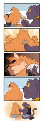 Rule 34 | 2boys, 5koma, absurdres, arashi takemoto, bara, black panther, brushing, cat, character request, closed mouth, comic, copyright request, furry, furry male, hair brush, highres, holding, holding hair brush, male focus, multiple boys, muscular, muscular male, orange fur, panther, purple fur, serious, topless male, white background, wolf