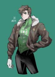 Rule 34 | 1boy, animification, black pants, blue background, bodysuit, closed mouth, commentary, cowboy shot, dc comics, fur collar, green bodysuit, green eyes, green lantern, green lantern (series), grey hair, grey jacket, hal jordan, hand in pocket, highres, jacket, jjoldi (jjoldi5160), long sleeves, looking at viewer, male focus, muscular, muscular male, pants, short hair, simple background, solo, superhero costume