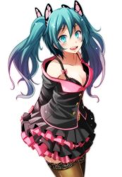 Rule 34 | 1girl, :d, absurdres, aqua eyes, aqua hair, arms behind back, belt buckle, black bra, black jacket, blush, bow, bra, breasts, brown thighhighs, buckle, butterfly hair ornament, cleavage, collarbone, cowboy shot, gradient hair, hair between eyes, hair ornament, hatsune miku, highres, honey whip (module), jacket, layered skirt, long hair, long sleeves, looking at viewer, multicolored hair, off shoulder, open mouth, pink bow, pink hair, project diva (series), simple background, skirt, small breasts, smile, solo, standing, sweet devil (vocaloid), thighhighs, tsukishiro saika, underwear, very long hair, vocaloid, white background, zettai ryouiki