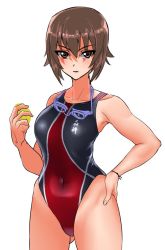 Rule 34 | 1girl, bracelet, brown eyes, brown hair, closed mouth, commentary, competition swimsuit, covered navel, girls und panzer, goggles, goggles around neck, hand on own hip, highleg, highleg swimsuit, holding, jewelry, kilesha, looking at viewer, nishizumi maho, one-piece swimsuit, red one-piece swimsuit, short hair, simple background, solo, standing, swimsuit, white background