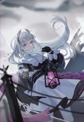 Rule 34 | 1girl, absurdres, ammunition belt, arknights, black gloves, black jacket, cape, closed mouth, cloud, cloudy sky, day, feet out of frame, floating hair, gloves, grey eyes, grey hair, highres, holding, holding lantern, holding sword, holding weapon, irene (arknights), jacket, lantern, layered skirt, long hair, long sleeves, looking at viewer, outdoors, purple skirt, railing, rapier, skirt, sky, solo, standing, sword, very long hair, weapon, white cape, white skirt, wind, yoi6/yoiro