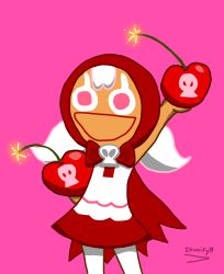 Rule 34 | 1girl, bomb, cape, cherry, cherry cookie, cookie, cookie run, devsisters, dress, explosive, food, fruit, highres, illumify99, no humans, pastry, pink background, pink eyes, red cape, red dress, self-upload, simple background, solo, watermark, white hair