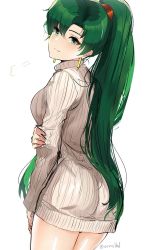 Rule 34 | 1girl, blush, fire emblem, fire emblem: the blazing blade, green eyes, green hair, high ponytail, highres, long hair, looking at viewer, lyn (fire emblem), nintendo, ormille, ponytail, simple background, smile, solo, sweater, white background
