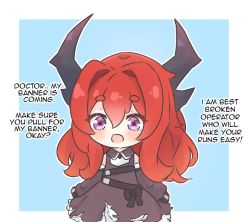 Rule 34 | 1girl, arknights, black dress, black sleeves, blue background, blush, chibi, collared dress, commentary, detached sleeves, dress, english commentary, english text, hair between eyes, hair intakes, horns, kurotofu, long hair, long sleeves, looking at viewer, open mouth, outline, puffy long sleeves, puffy sleeves, purple eyes, red hair, short eyebrows, sleeveless, sleeveless dress, sleeves past fingers, sleeves past wrists, solo, surtr (arknights), thick eyebrows, two-tone background, very long hair, white background, white outline