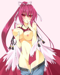 Rule 34 | 1girl, bare shoulders, blush, breast lift, breasts, clothes lift, clothes pull, detached sleeves, finger to mouth, hair ribbon, hoshi (ho4 no), large breasts, long hair, midriff, navel, nipples, pants, pants pull, pink hair, ponytail, red eyes, ribbon, shirt lift, solo, tank top, unbuttoned, under night in-birth, very long hair, wide sleeves, yuzuriha (under night in-birth)