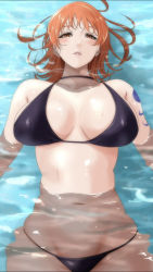 Rule 34 | 1girl, bikini, breasts, choker, highres, large breasts, looking at viewer, medium hair, moriton, nami (one piece), navel, one piece, orange eyes, orange hair, solo, swimsuit, tattoo, wet, wet clothes, wet swimsuit
